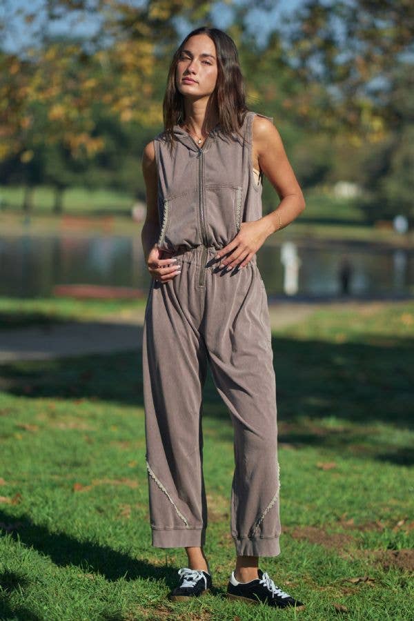 WASHED LACE TRIM HOODIE JOGGER JUMPSUIT