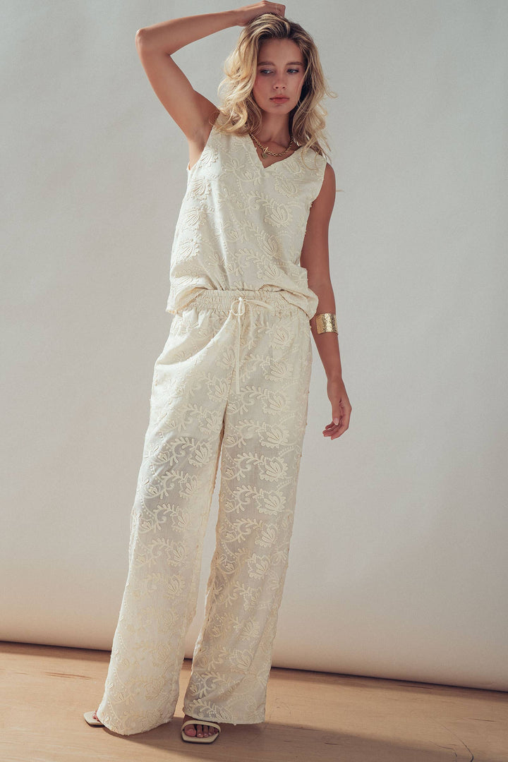 Floral Embroidered Cotton Top And Pant Set: IVORY