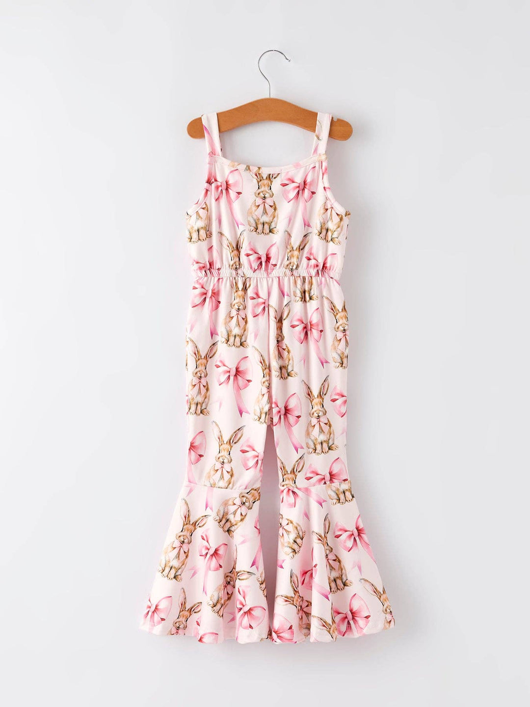 Pink Easter Bunny Bow Print Girls Sling Flared Jumpsuit