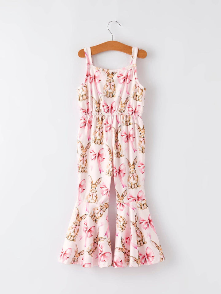 Pink Easter Bunny Bow Print Girls Sling Flared Jumpsuit