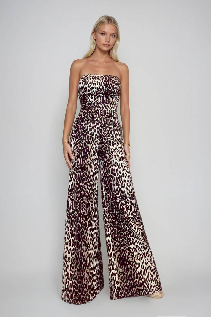 WIDE LEG LEOPARD PRINT TUBE DENIM JUMPSUIT