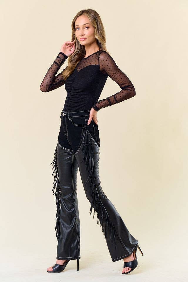 SIP6363A BLACK DENIM CHAPS FRINGED PANTS: M