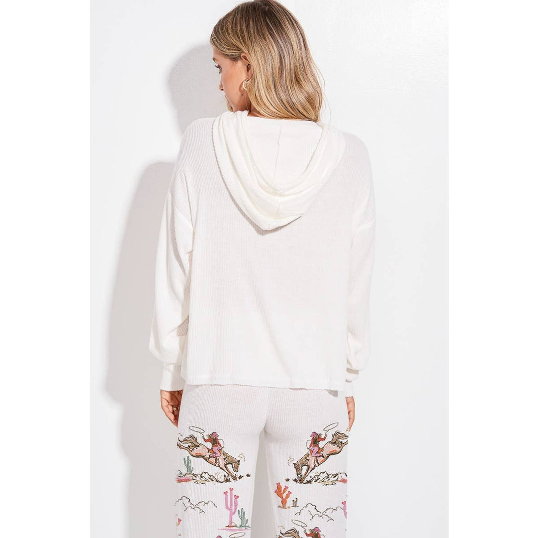 Desert Cowgirl Print Rib Hoodie Loungewear Set : Taupe / L