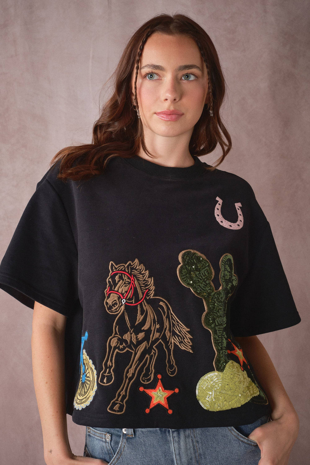 Western Patch Embroidered Knit Top