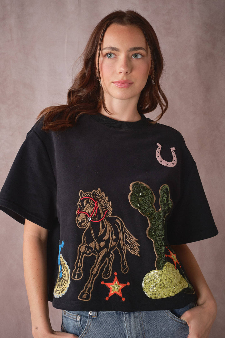 Western Patch Embroidered Knit Top