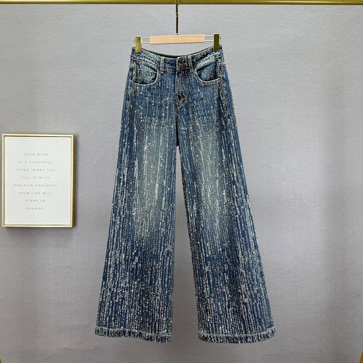 PT39Y All Over Rhinestone High Waist Wide Leg Jeans: Blue / English / M