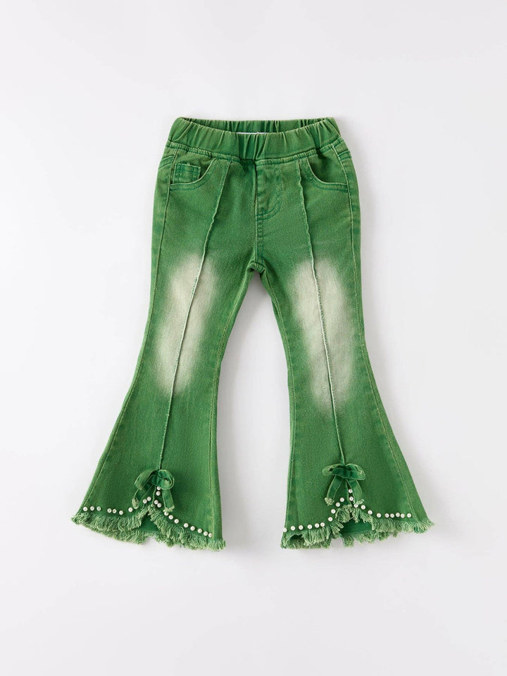 Green Flared Elastic Jeans-Girls