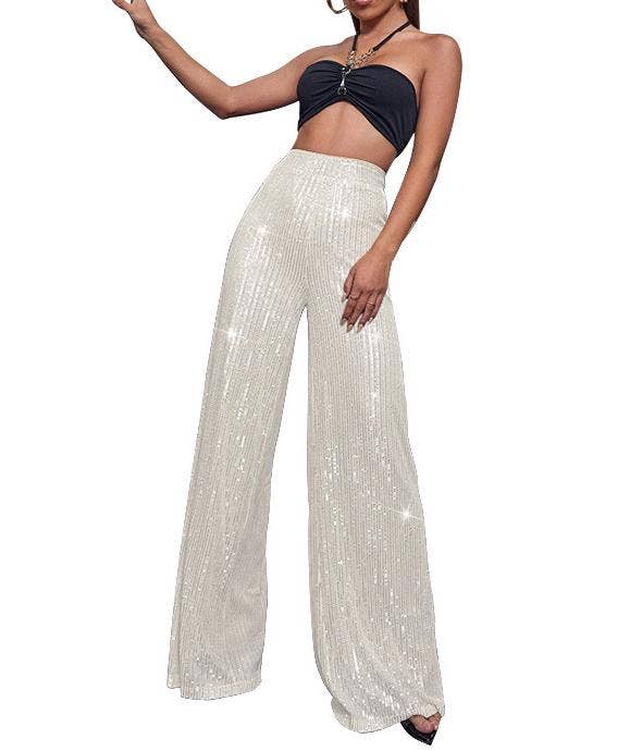 Butt-lifting extra long wide-leg sequin pants: Beige / 2XL