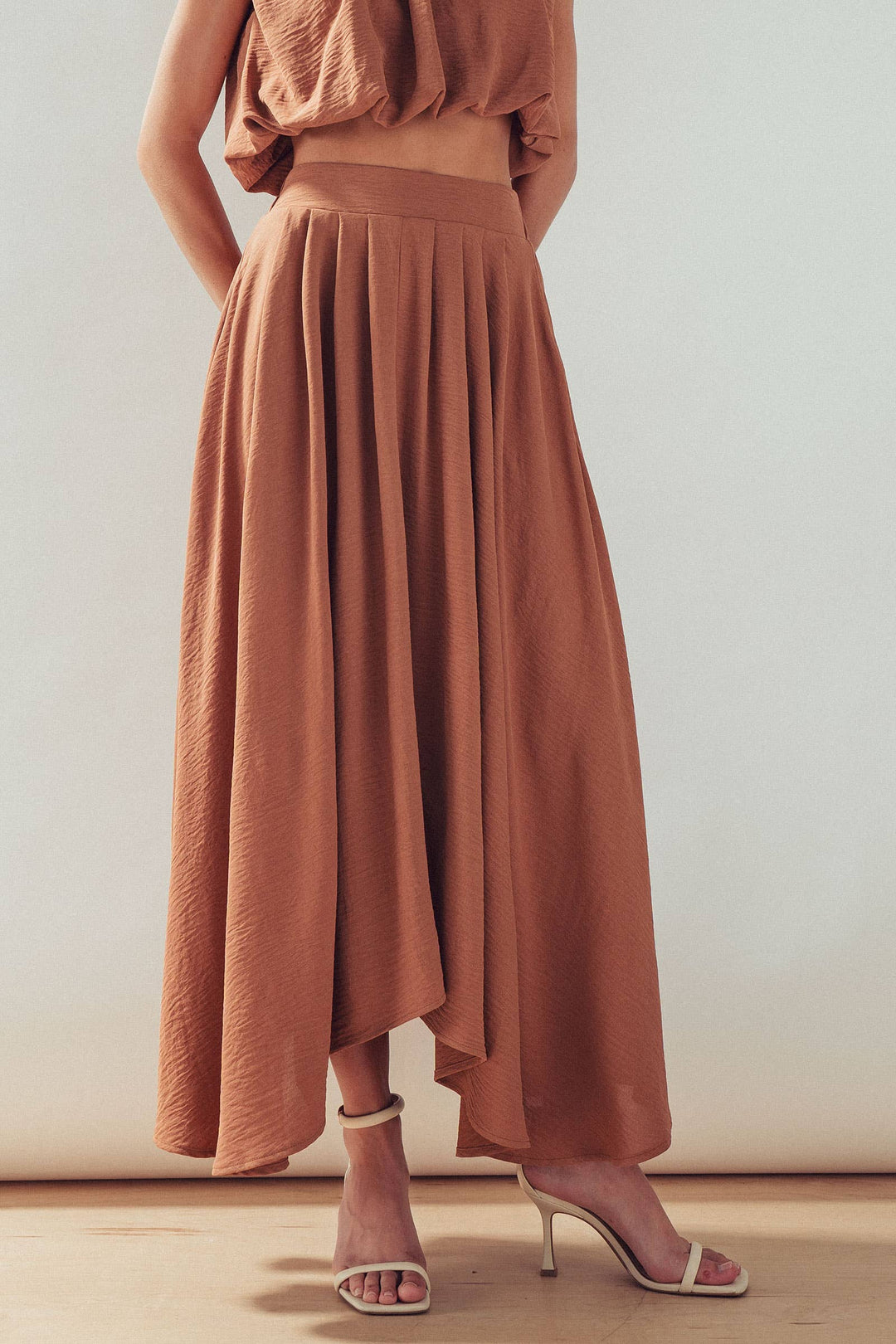 High-Waist Pleated High-Low Maxi Skirt