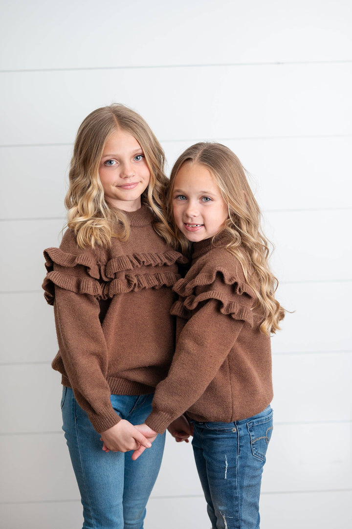 Kids Chocolate Double Ruffle Crew Neck Fall Winter Sweater: 3/4