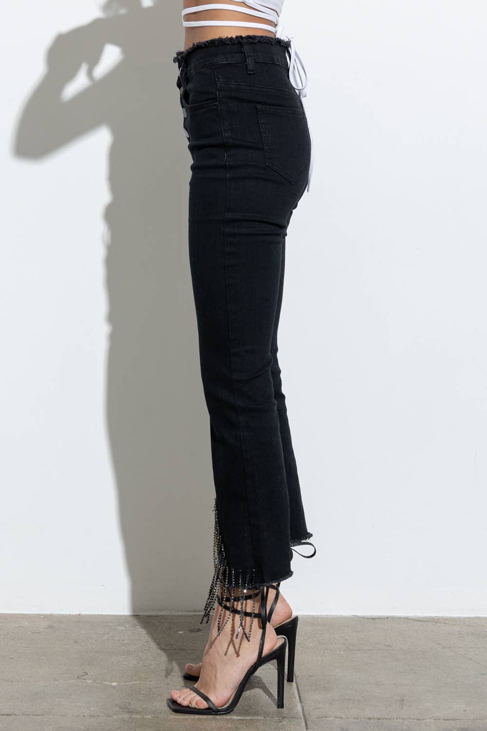 1365P - RHINESTONE FRINGE DENIM PANTS: BLACK / LARGE