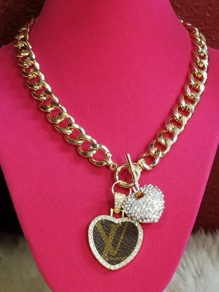 Authentic upcycled canvas Chunky gold chain necklace w heart