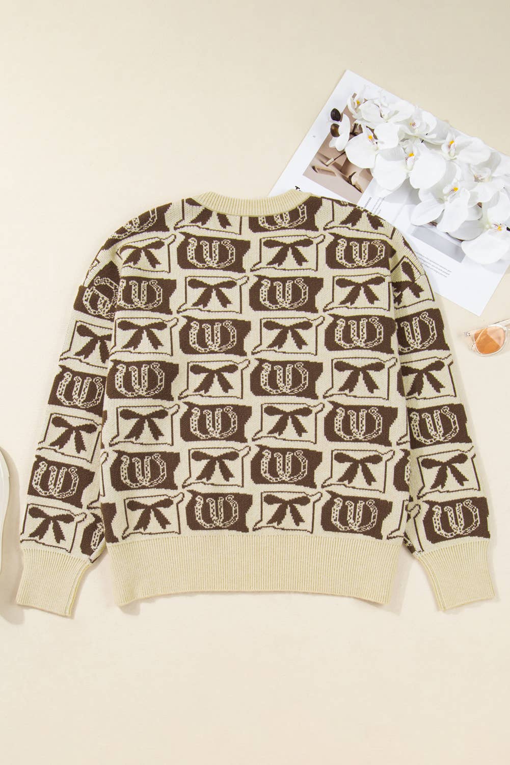 Bows Horseshoes Pattern Western Fashion Print Sweater (S-4X): Black / XL