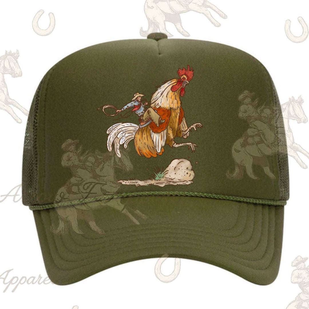 Cody Rank Rooster Trucker Hat: Adults / Army Green