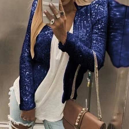 Sequin cropped cardigan jacket: Champagne / M