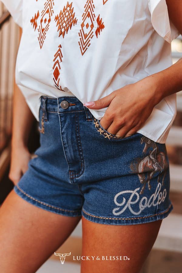 Mid Wash Buck-stitch Printed Stretch Denim Shorts