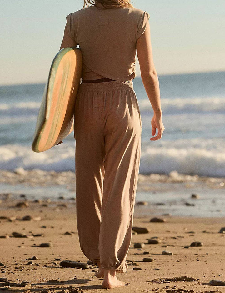 Ladies Solid Color Crop Top and Pants Set SKST379: Black / S