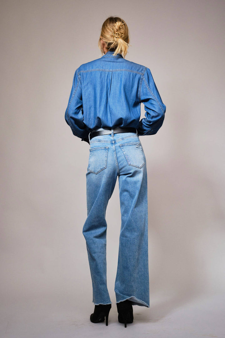 23612T - Tie Neck Hidden Button Chambray Blouse: DARK WASH / L