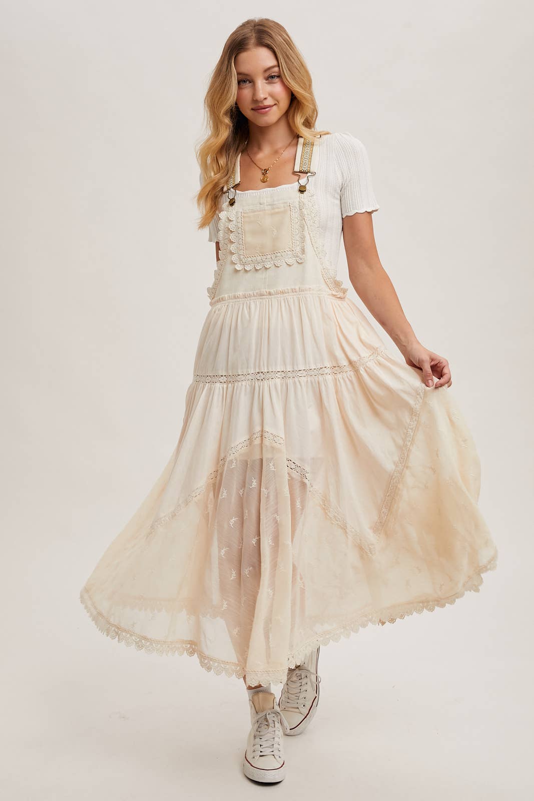 LACE EMBROIDERED TULLE BIB MAXI DRESS: ASH / S