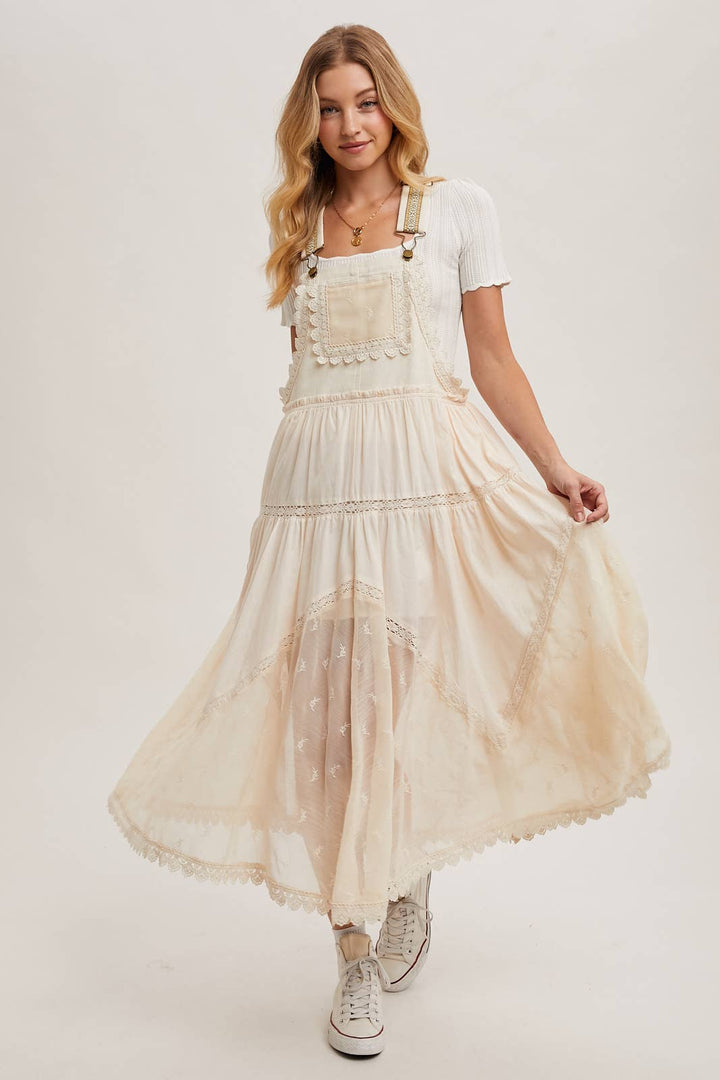 LACE EMBROIDERED TULLE BIB MAXI DRESS: ASH / L