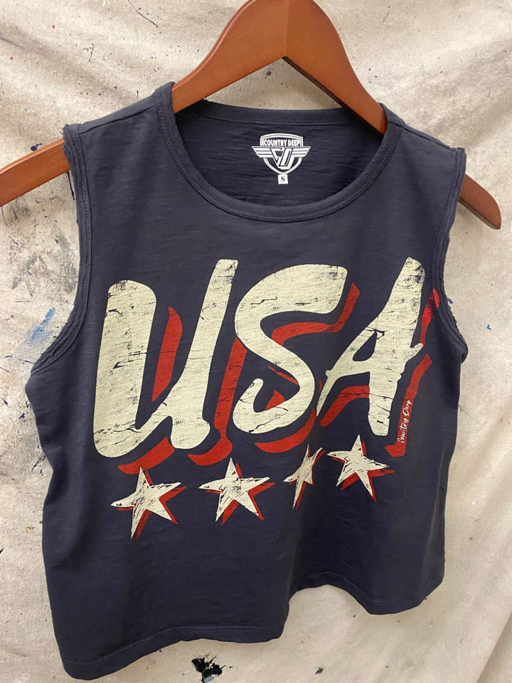 USA Vintage Muscle Crop Tee: Faded Black