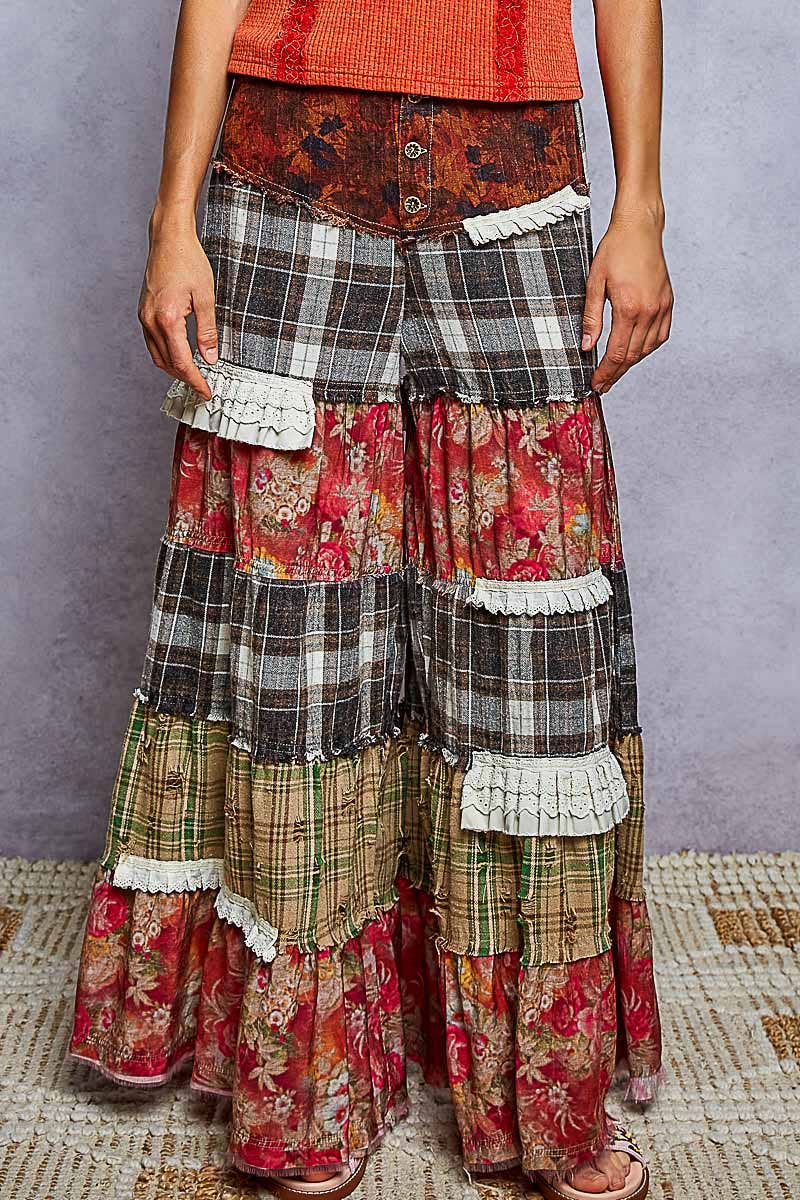 Floral Print Ruffle Trim Patchwork Plaid Wide Leg Pants