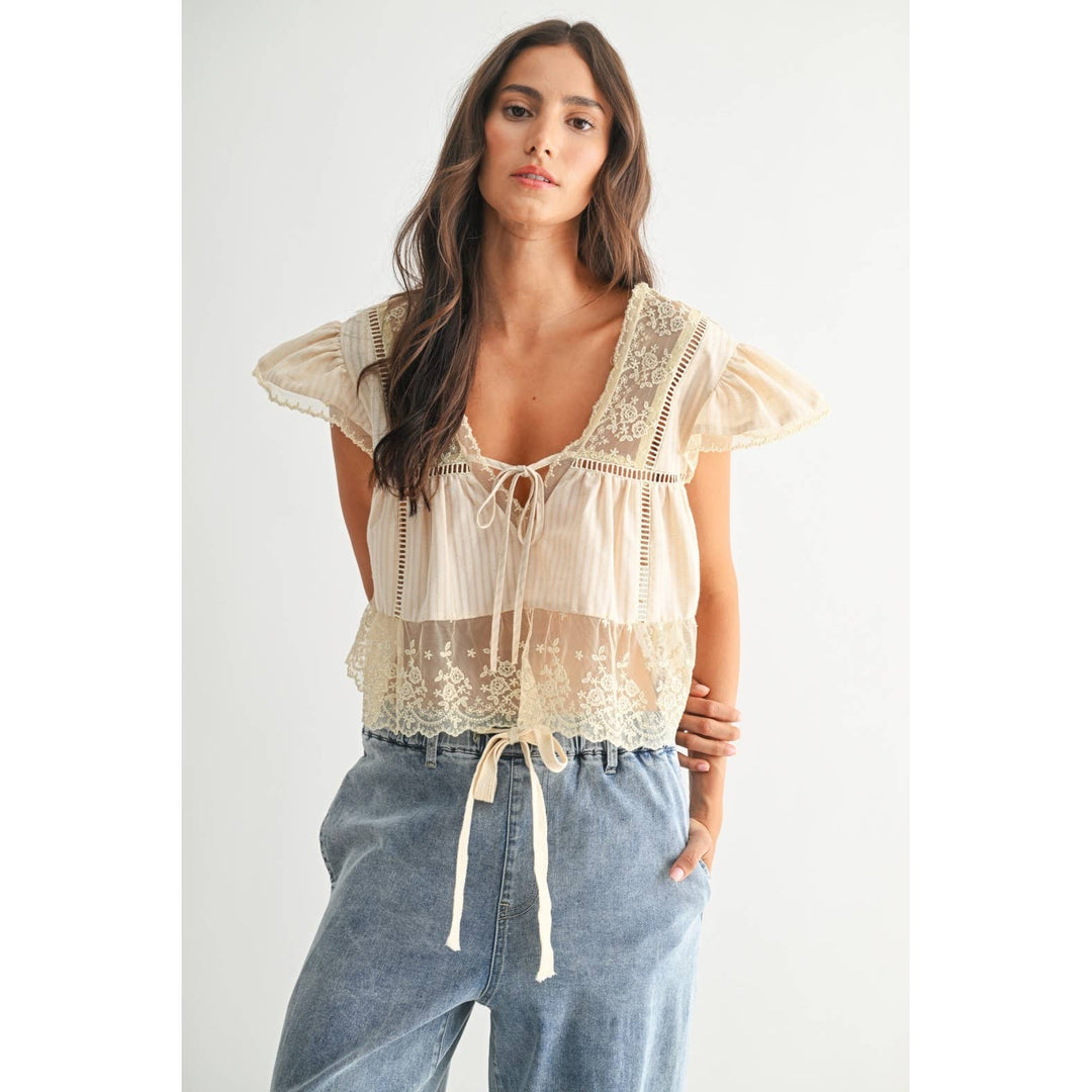 LACE-TRIMMED BLOUSE: SAND / S-M-L(3-2-1)