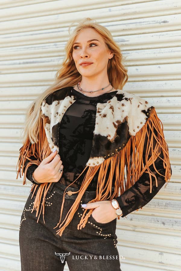 Brown Cowhide Shawl With Studded Fringe Hem: XL