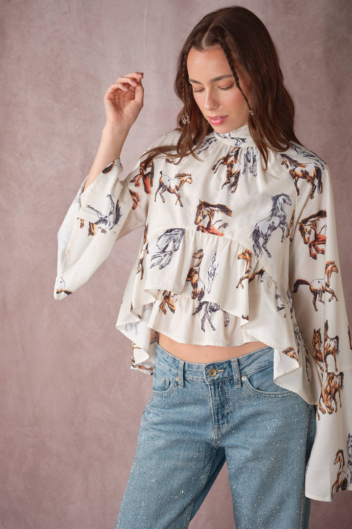 High Neck Horse Print Ruffle Blouse