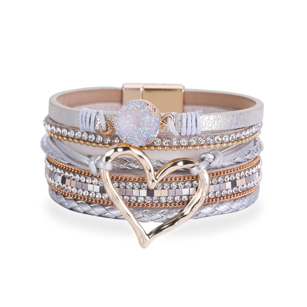 Beige Bohemian Heart Rhinestone Magnetic Buckle Bracelet