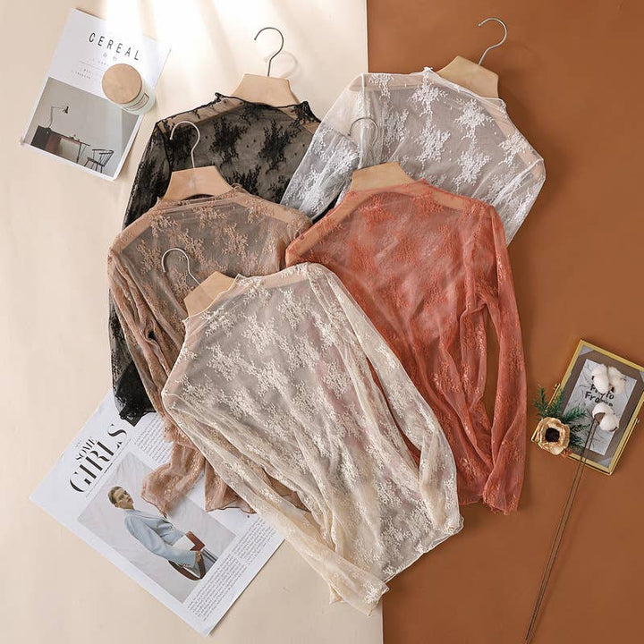 Semi Sheer Mesh Floral Lace Layering Top: Black / L