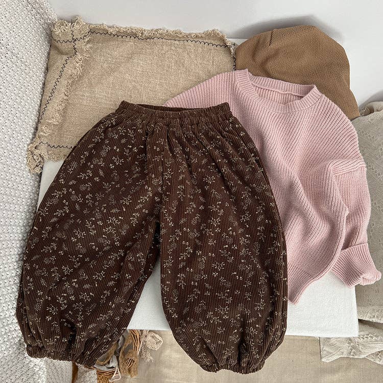 Baby Girl Ditsy Flower Pattern Corduroy Fabric Loose Thickened Pants In Winter: Coffee / 100 (2-3Y)
