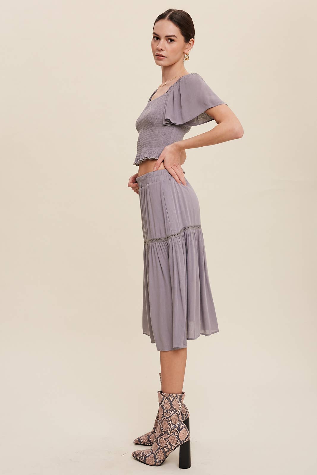 Smocked Crop Top & Tiered Midi Skirt Set: Gray