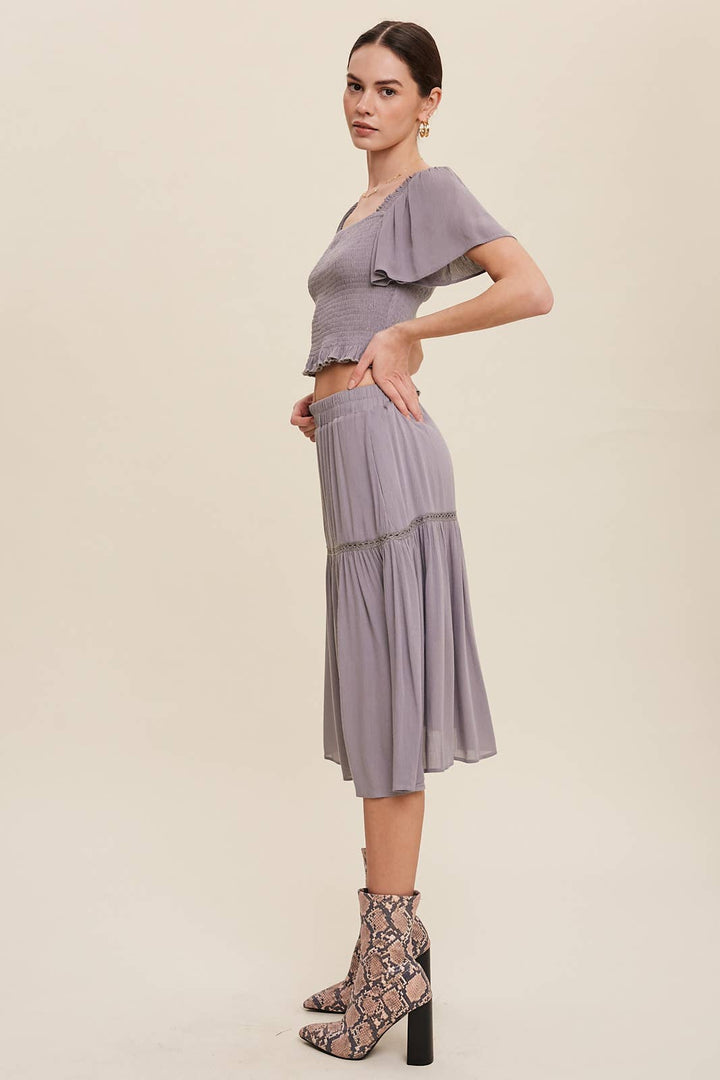 Smocked Crop Top & Tiered Midi Skirt Set: Gray