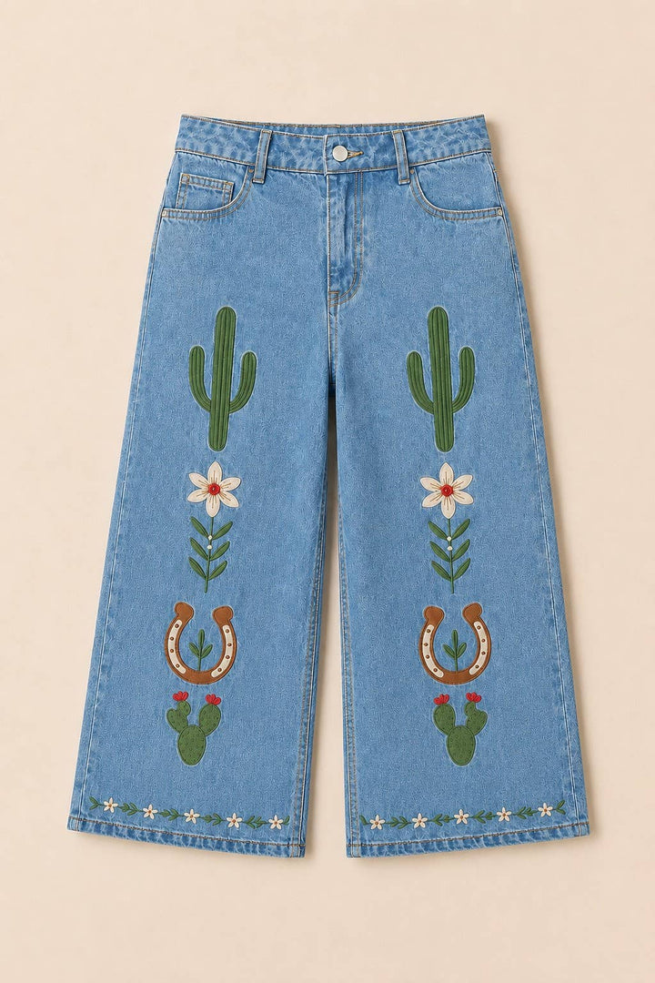 Wide Leg Embroidered Denim Pants