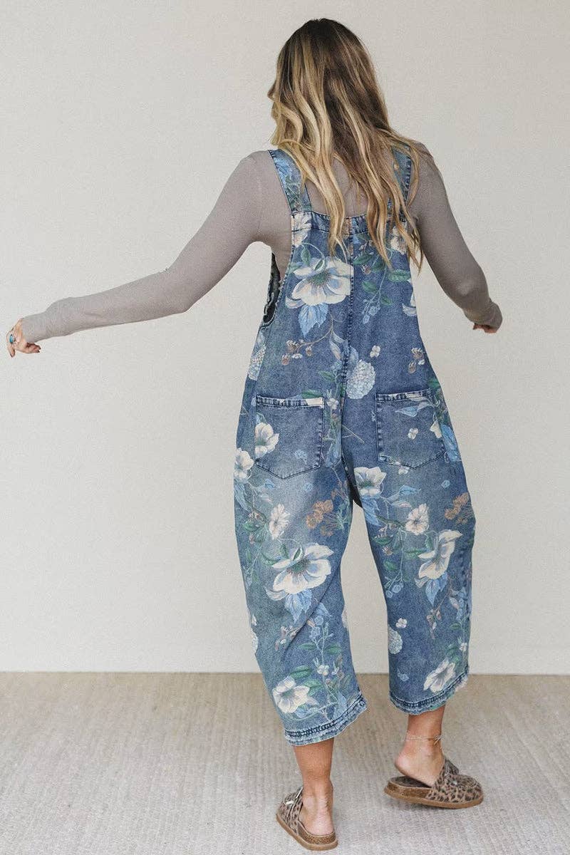 Floral Pattern Denim Jumpsuit Overalls