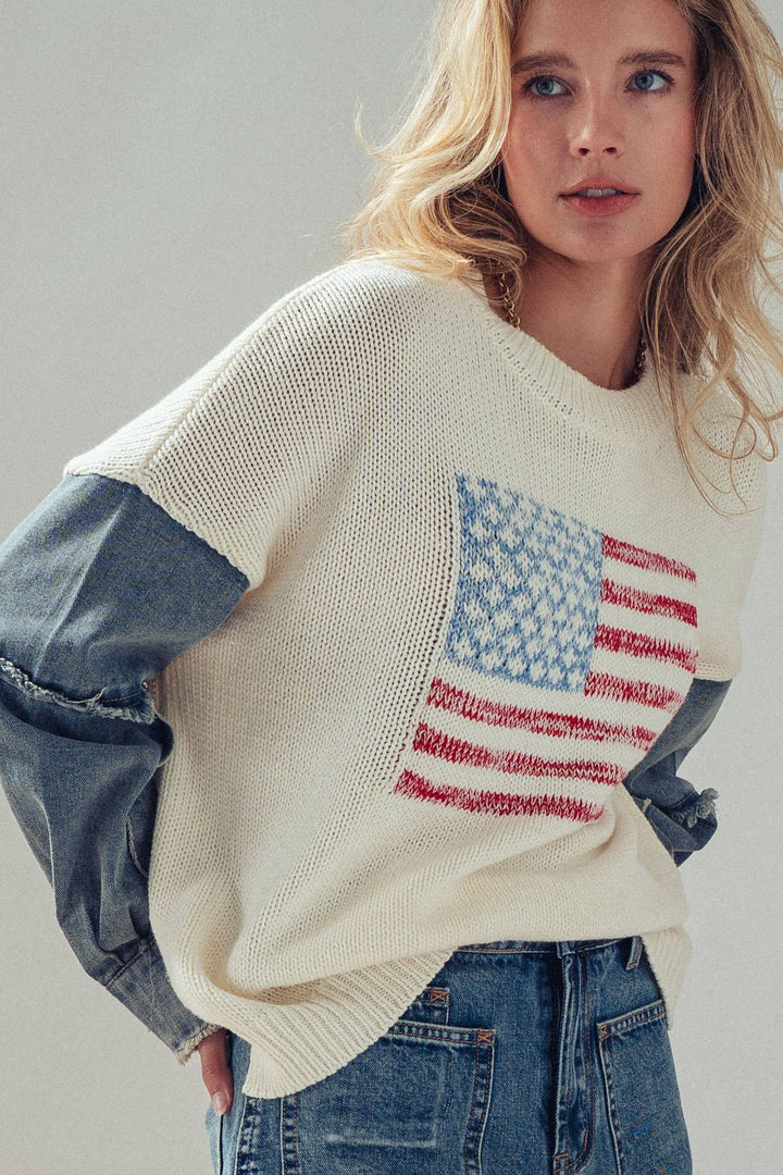 American Flag Mixed Media Denim Sleeve Sweater: IVORY / S-M-L:2-2-2