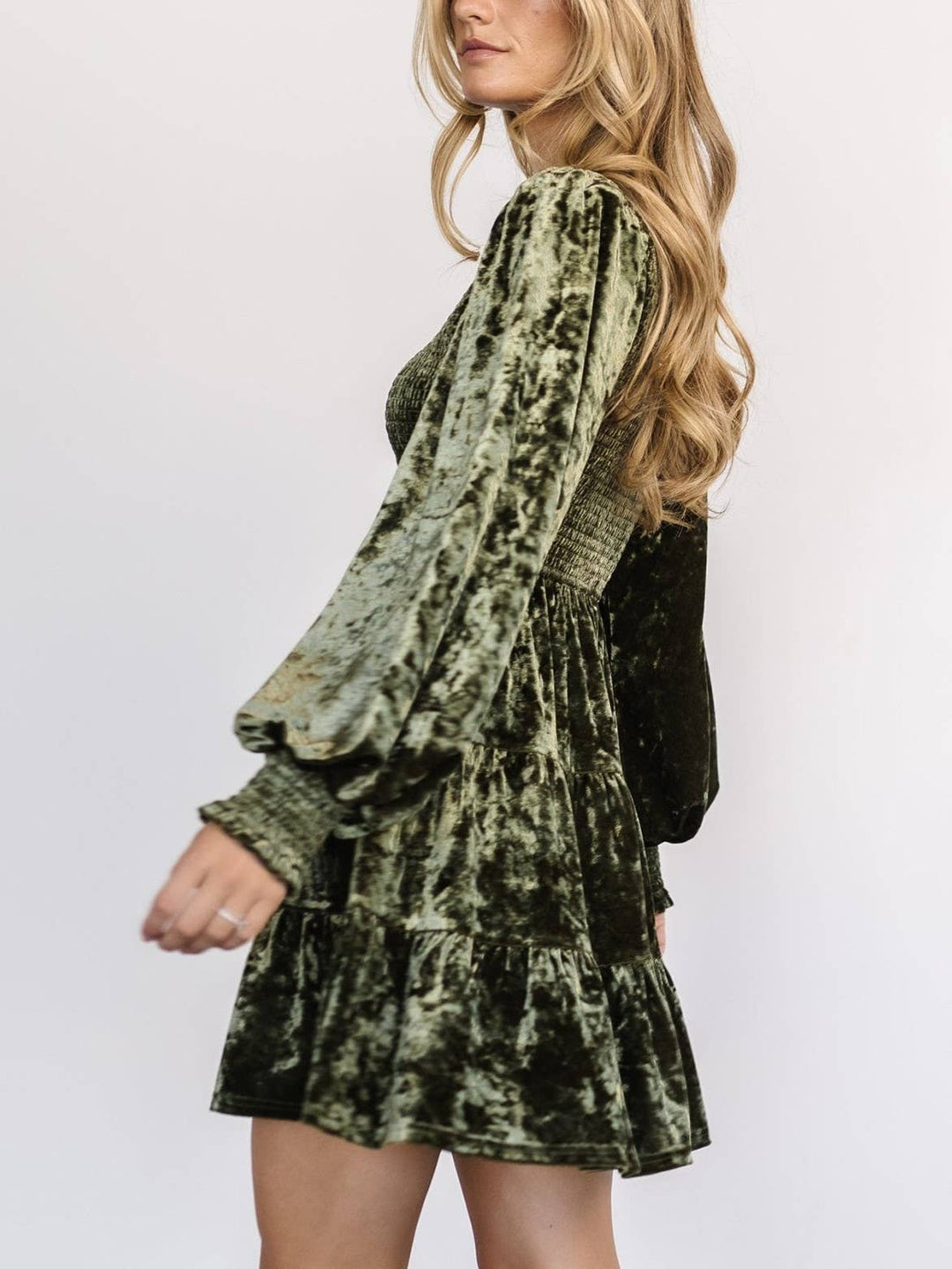 Velvet Ruffled Crewneck Dress: Brown / S