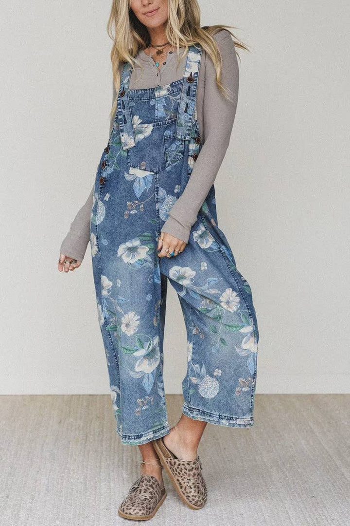 Floral Pattern Denim Jumpsuit Overalls