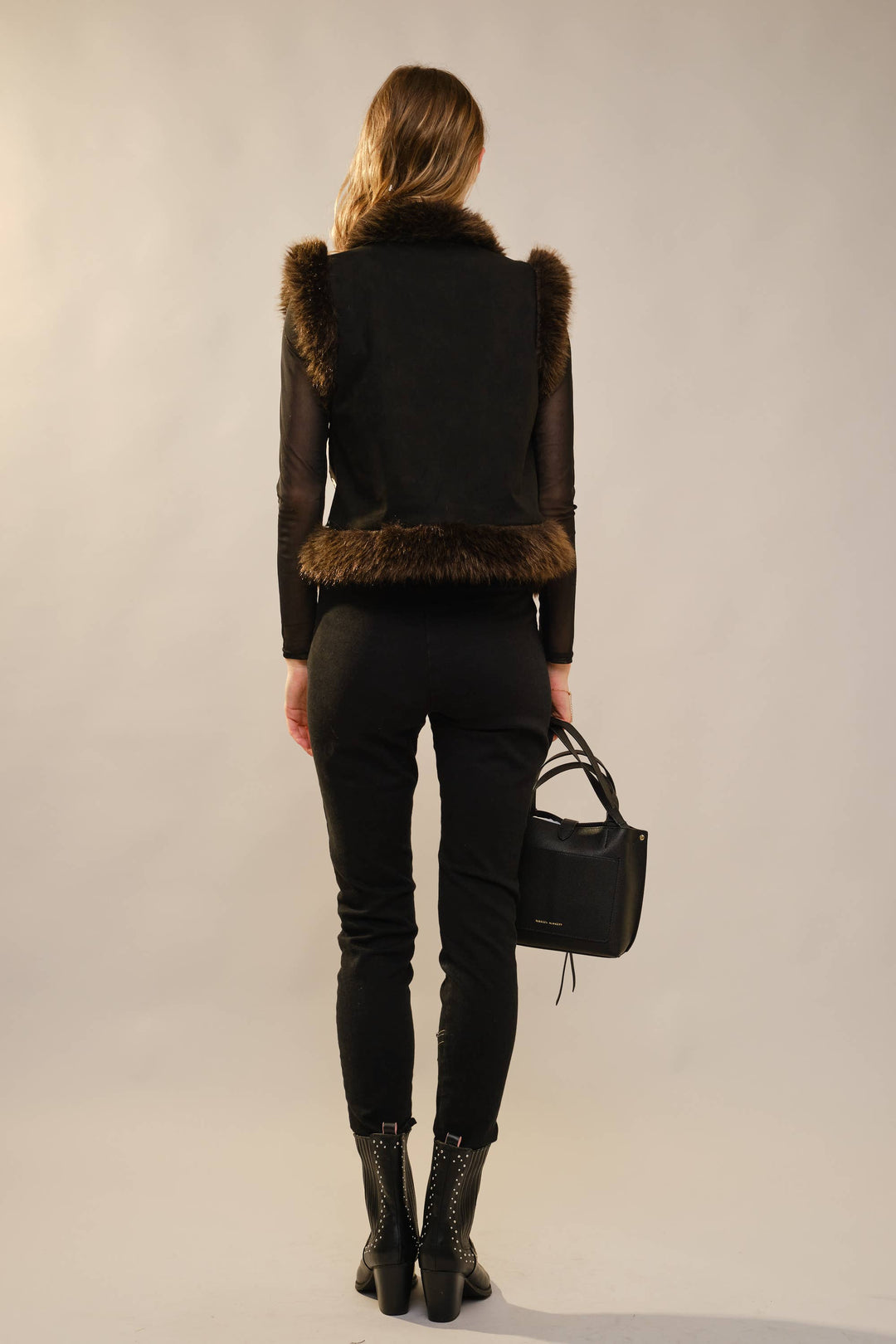 91718V Embroidered Suede Vest With Fur Trim: BEIGE / S-M-L