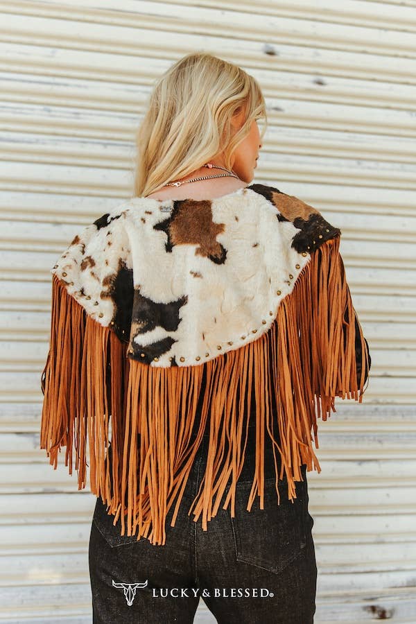 Brown Cowhide Shawl With Studded Fringe Hem: S