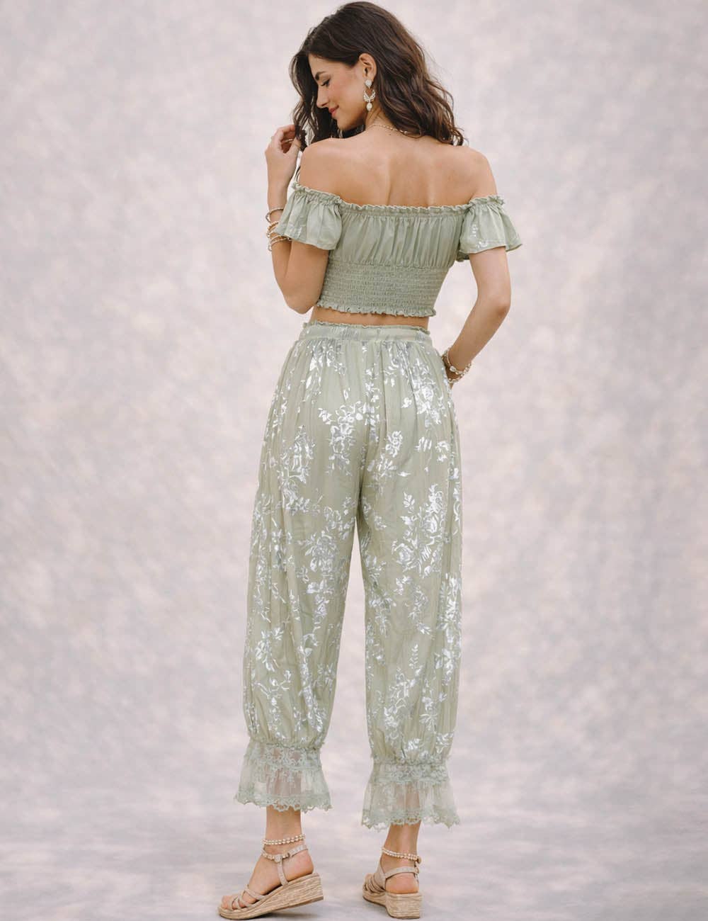 Ladies Lace Hem Floral Flocked Elastic Waist Lantern Pants