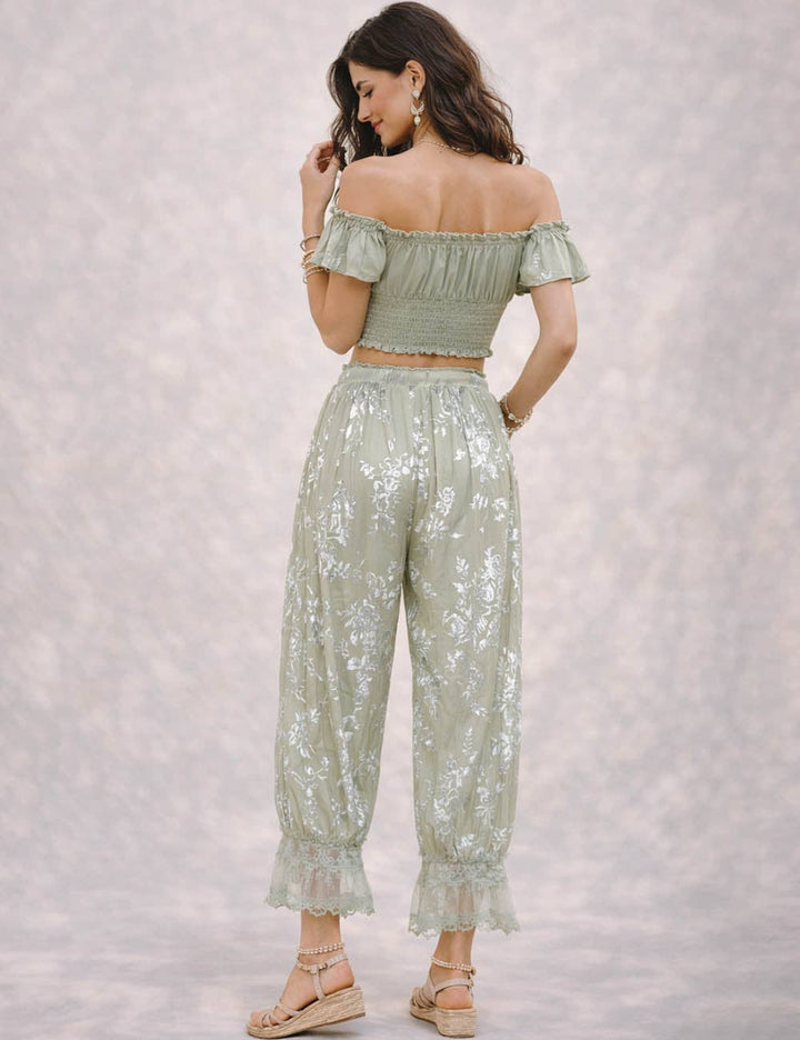 Ladies Lace Hem Floral Flocked Elastic Waist Lantern Pants