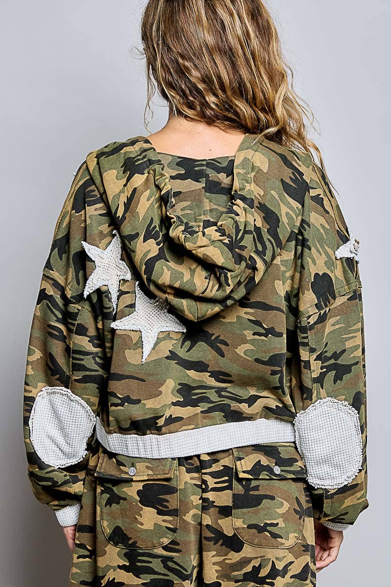 Vintage Washed Floral Star Patch Cropped Zip Hoodie