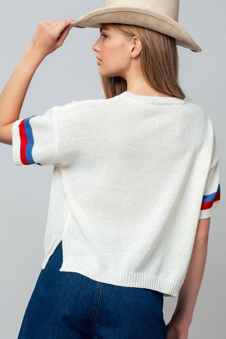American Flag Applique Knit Sweater with Stripe