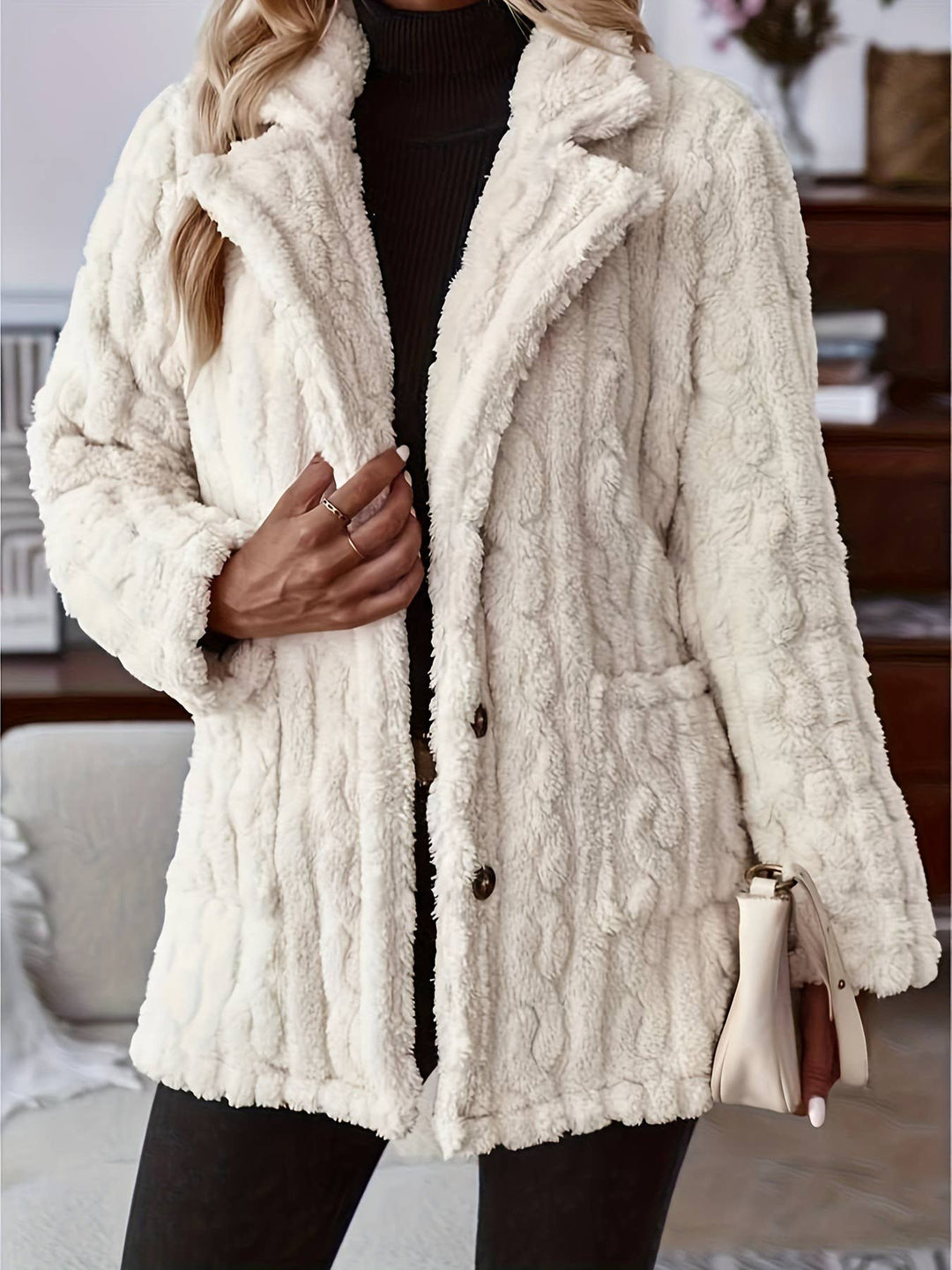 Double-sided Plush Water Ripple Button Pockets Coat: White / M