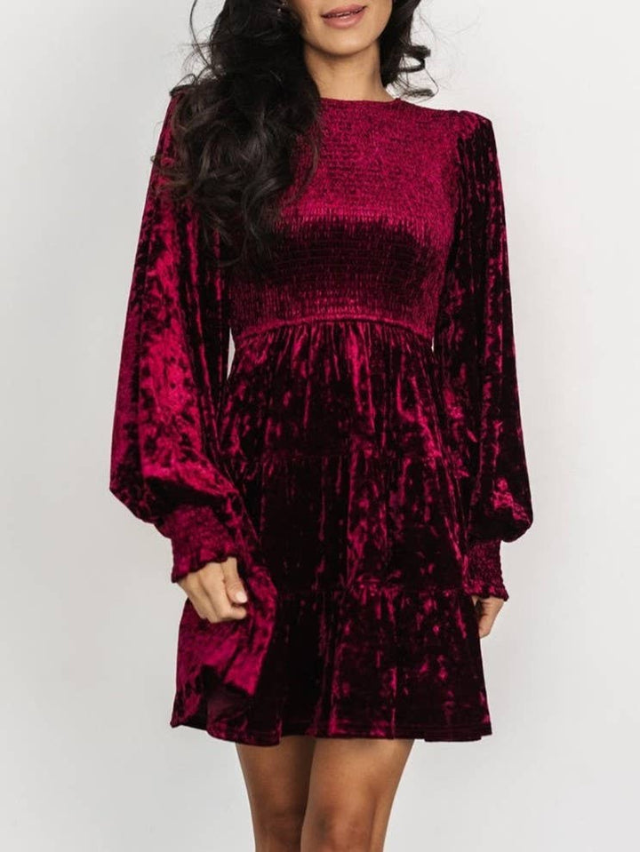 Velvet Ruffled Crewneck Dress: Brown / S