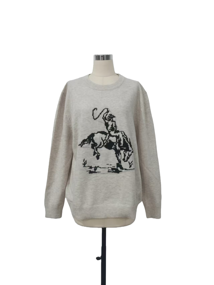 Western Horse Cowboy Rodeo Knit Sweater crewneck pullover: Beige / XS
