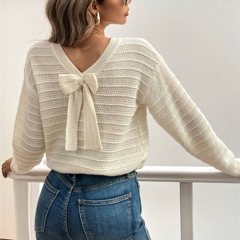 Cozy Bow Tie Back Crew Neck Fall Sweater: Beige / M