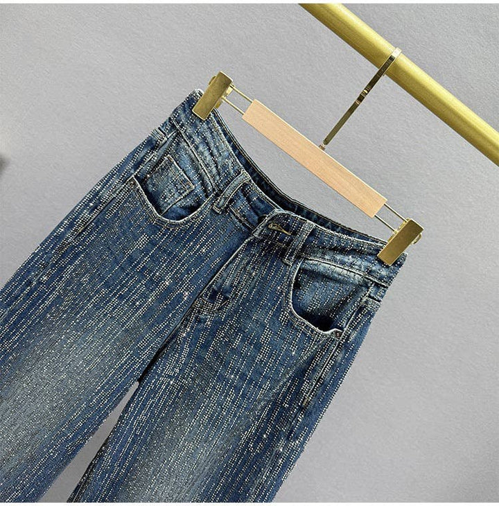 PT39Y All Over Rhinestone High Waist Wide Leg Jeans: Blue / English / M